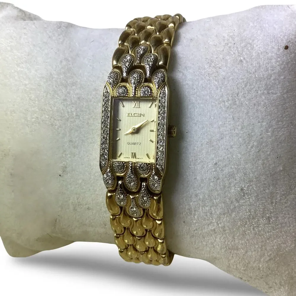 Vintage ELGIN Gold Tone & Rhinestones Bracelet Watch